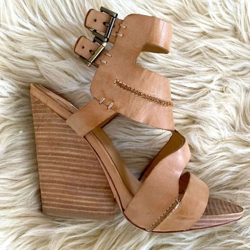Leon Max Tan Wedge Sandals Chunky Heel Ankle Straps 8.5 New Boho Beach Vacation